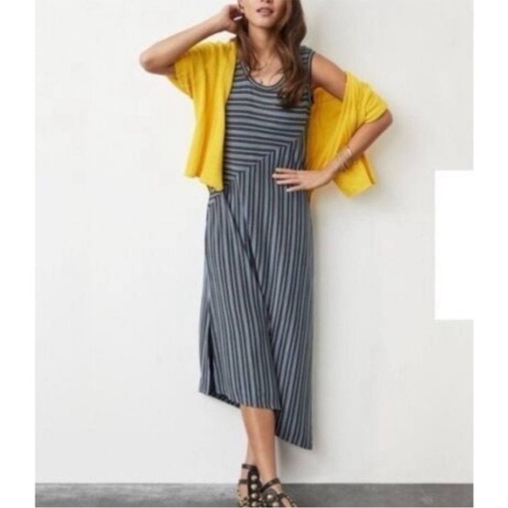 Dia Cabi Maxi Blue and Gray Dress with Loft Yellow Cardigan